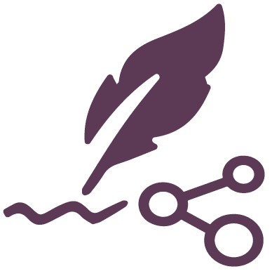 A purple icon of a quill feather over a scribble and a share symbol