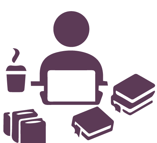 A purple icon of a person sitting at a white laptop surrounded by stacks of books and steaming cup of coffee